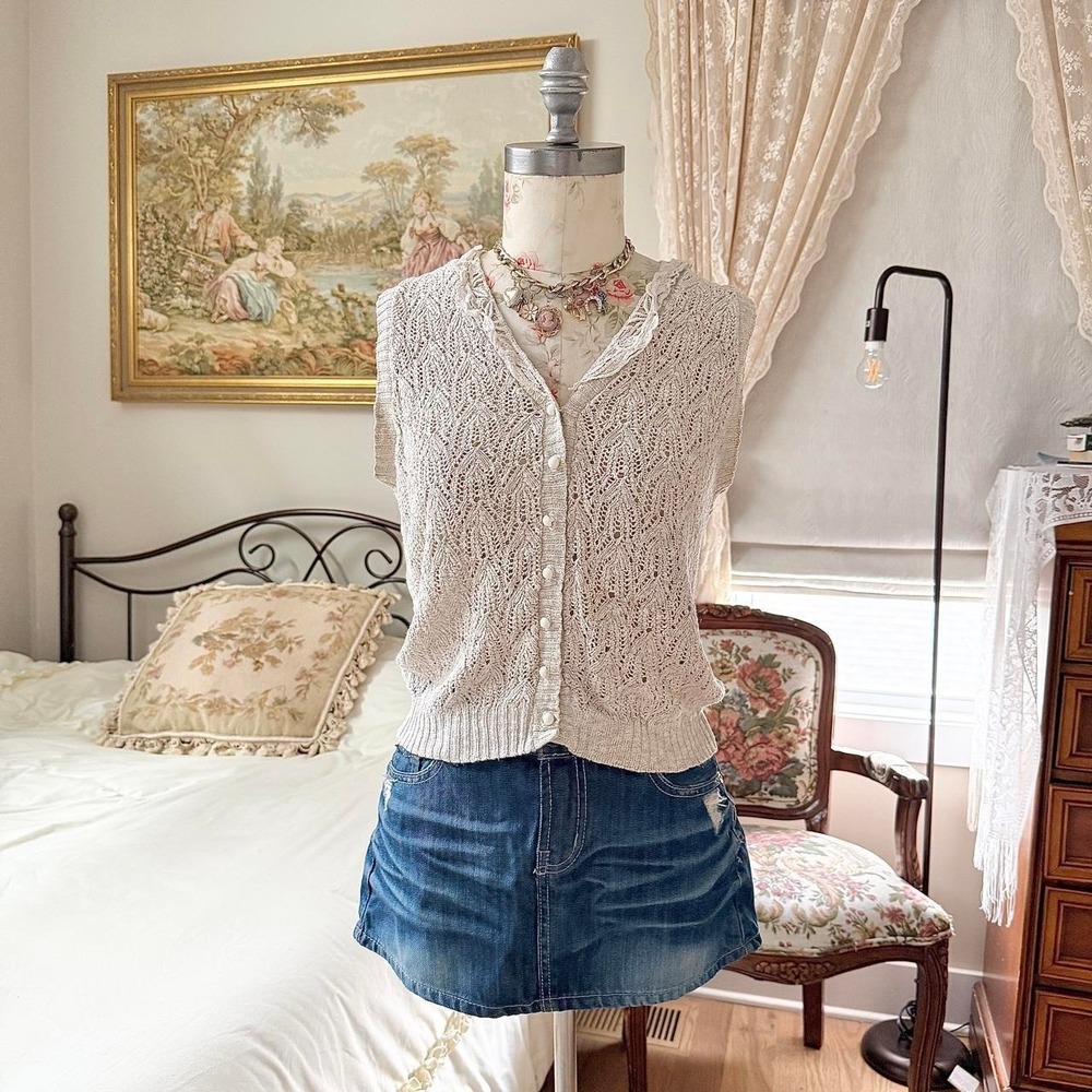 80s size‎ medium cream crochet knit button front sweater vest